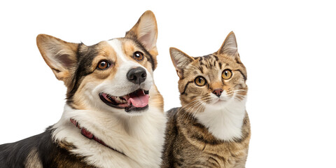 Obraz premium A heartwarming portrait of a happy dog and cat sitting together and looking directly at the camera. The image captures their friendly expressions, showcasing the bond, harmony, and joy between the two