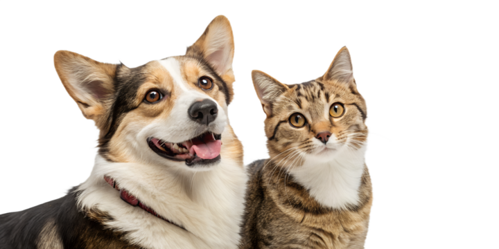 A heartwarming portrait of a happy dog and cat sitting together and looking directly at the camera. The image captures their friendly expressions, showcasing the bond, harmony, and joy between the two
