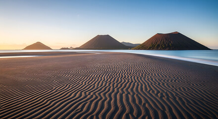 Serene Sunrise Over Rippled Sandbank with Volcanic Islands in the Distance