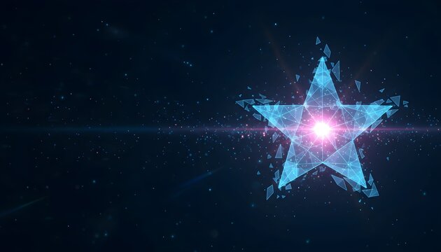 A glowing blue starburst made of geometric shapes and particles in a dark cosmic background. - Powered by Adobe