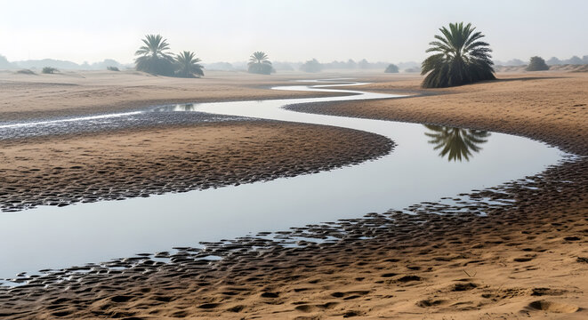 Serpentine Waterway Carving Through Arid Desert Landscape with Sparse Palm Trees Under Hazy Sky