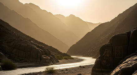Serene Mountain Valley with a Winding River Illuminated by the Golden Hour Sunlight