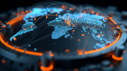 A global digital interface showing interconnected regions to illustrate worldwide data exchange and the conceptual flow of technological communication.
