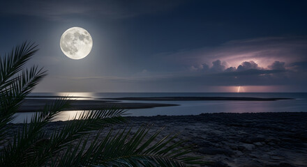 Full Moon Illuminates a Tropical Night Sky with Lightning Storm Approaching Over a Serene Ocean