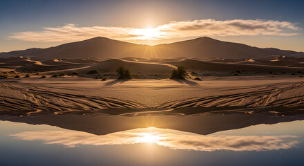 Mesmerizing Desert Landscape at Sunset with Mirrored Reflection on Calm Water Surface