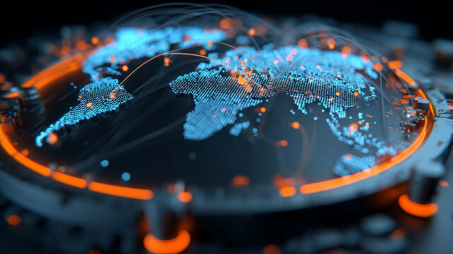 A global digital interface showing interconnected regions to illustrate worldwide data exchange and the conceptual flow of technological communication.
- Powered by Adobe