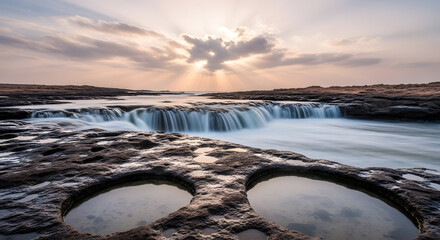 Captivating Coastal Waterfall at Sunset with Dramatic Rays of Sunburst Light Illuminating the Rugged Rocks