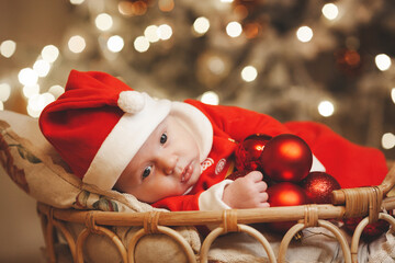 Little girl lays on a holiday background in Santa costume