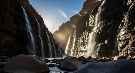 Majestic Waterfall Canyon Bathed in Golden Sunlight, Creating a Serene and Breathtaking Natural Landscape Scene