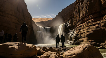Majestic Desert Waterfall Cascades Through Rugged Canyon with Silhouetted Hikers Admiring Nature's Spectacle