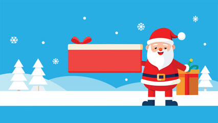 A holiday greeting card illustrating Santa Claus alongside various presents..eps