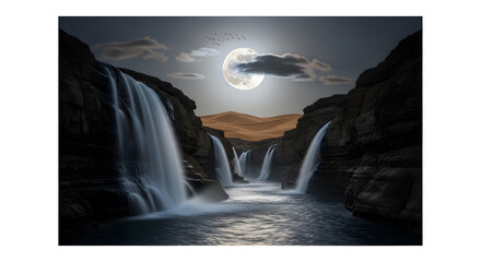 Enchanting Nighttime Waterfall Scene Under a Majestic Full Moon with Dramatic Rocky Cliffs and a Serene River