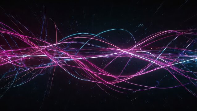 Abstract swirling light trails of pink and blue particles in dark space