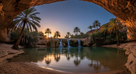 Oasis cave view at sunset with palm trees and waterfall reflecting in tranquil water