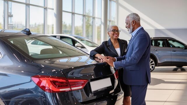 Two adult seniors converse beside black sedan at car dealership, surrounded by gleaming vehicles and expansive windows, projecting professional and positive atmosphere., Luxury