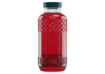 Red liquid in a patterned glass bottle with a dark green cap isolated on a transparent background