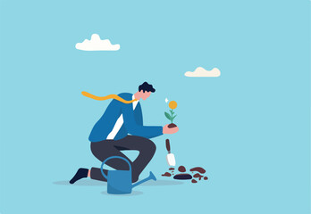 Investing in growth stock, growing pension fund, saving or make profit from retirement fund, growing wealth or investment asset concept, businessman investor planting money seedling for prosperity.