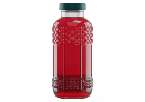 Red liquid in a patterned glass bottle with a dark green cap isolated on a transparent background
