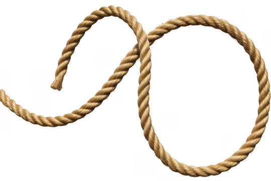 Thick beige rope twisted into curves and loops isolated on a transparent background
