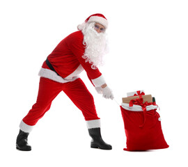 Santa Claus with bag full of gifts on white background. Merry Christmas and Happy New Year