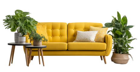 Yellow tufted sofa with houseplants and side tables isolated on a transparent background