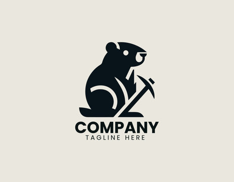 Determined beaver miner holding tools while standing confidently in a bold black vector logo