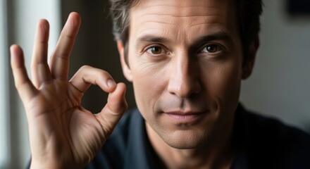 Confident man making an OK gesture close-up portrait showcasing