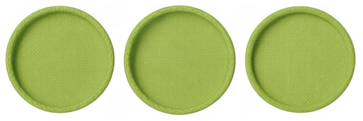 Three round lime green textured coasters isolated on a transparent background