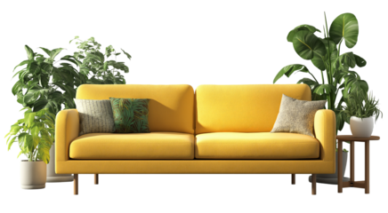 Yellow sofa with plants and pillows isolated on a transparent background