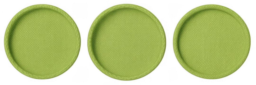 Three round lime green textured coasters isolated on a transparent background