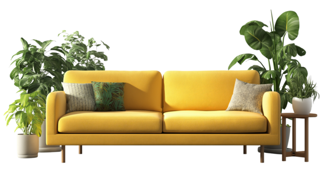 Yellow sofa with plants and pillows isolated on a transparent background