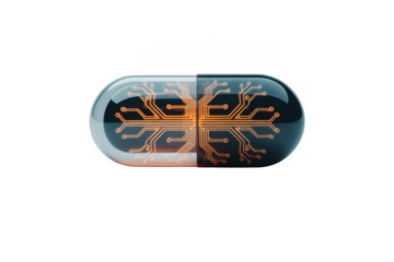 Transparent capsule with glowing orange circuit board pattern isolated on a transparent background