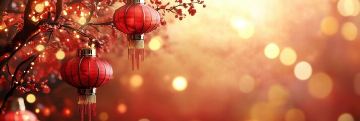 Chinese Lanterns with Festive Fireworks for Lunar New Year Celebration Decor