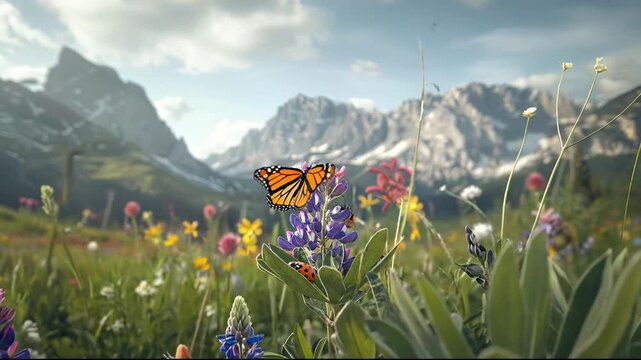 An orange butterfly rests on a purple wildflower in a lush mountain meadow with a ladybug nearby and snow-capped peaks in the background