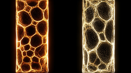 A conceptual dual column structure composed of illuminated biological patterns forming elongated cellular frameworks, symbolizing symmetry and organized complexity.
