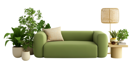 Green Sofa with Plants and Lamp isolated on a transparent background