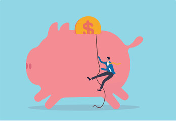 Personal finance strategy, income tax or investment target for office worker retirement concept, confidence businessman using rope to climb up pink piggy bank with golden money coin as final target.
