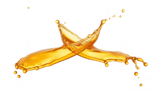 Two golden liquid splashes crossing each other isolated on a transparent background