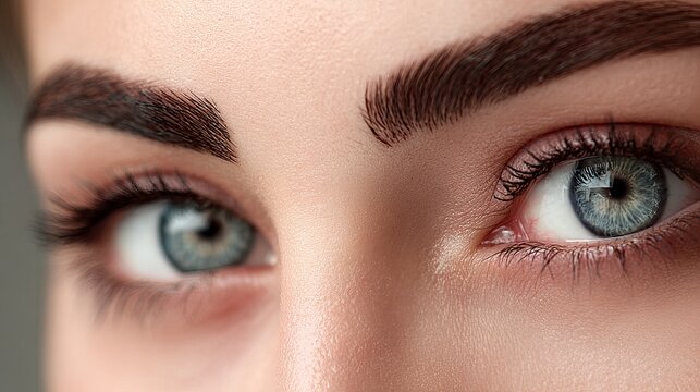 Stunning close up of captivating blue eyes with perfectly shaped eyebrows showcases beauty and feminine allure for cosmetic and beauty brands