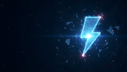 Abstract digital lightning bolt symbol glowing with shattered particles on a dark, futuristic background.