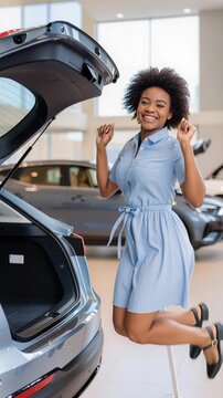 smiling  woman in blue dress stands beside open car trunk at dealership, arms raised in joyful excitement, with curly hair and broad smile, dealership