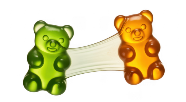 Two gummy bears connected by a stretchy translucent substance isolated on a transparent background - Powered by Adobe