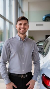 smiling Caucasian adult examines silver sedan in bright car dealership, surrounded by other vehicles, creating welcoming atmosphere., car shopping, new vehicle, purchase, confidence, opportunity
