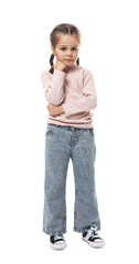 Portrait of cute little girl on white background
