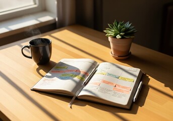Cozy Planning Scene Open Journal, Coffee, and Plant on Wooden Desk