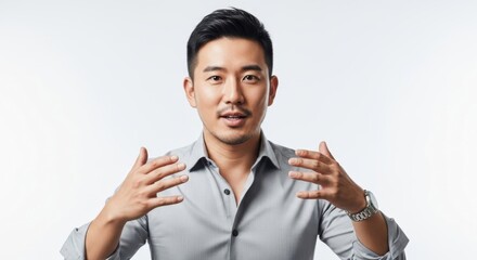 Confident young man in smart casual attire gesturing with expressive hand movements in a