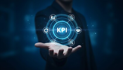 A person holding a holographic display with KPI (Key Performance Indicator) concept and business icons.