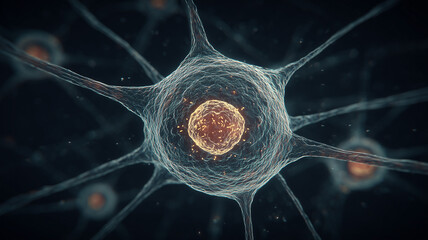 A stylized neuron representation illustrating a central core with radiating connections that convey communication, complexity, and advanced neurological research.
