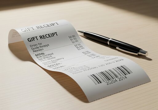 Detailed Gift Receipt and Pen on Wooden Surface Transaction & Documentation