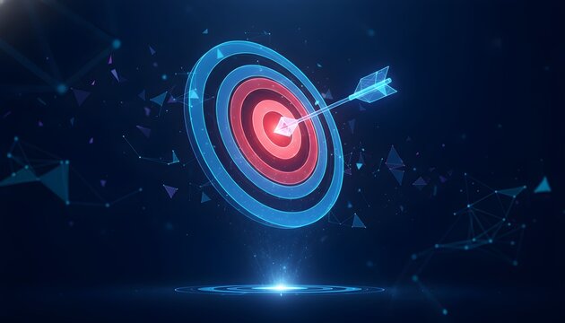 A glowing digital arrow hits the center of a futuristic target, symbolizing success, goals, and precision.